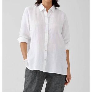 NWT EILEEN FISHER 100 % organic cotton ripple classic collar shirt in white